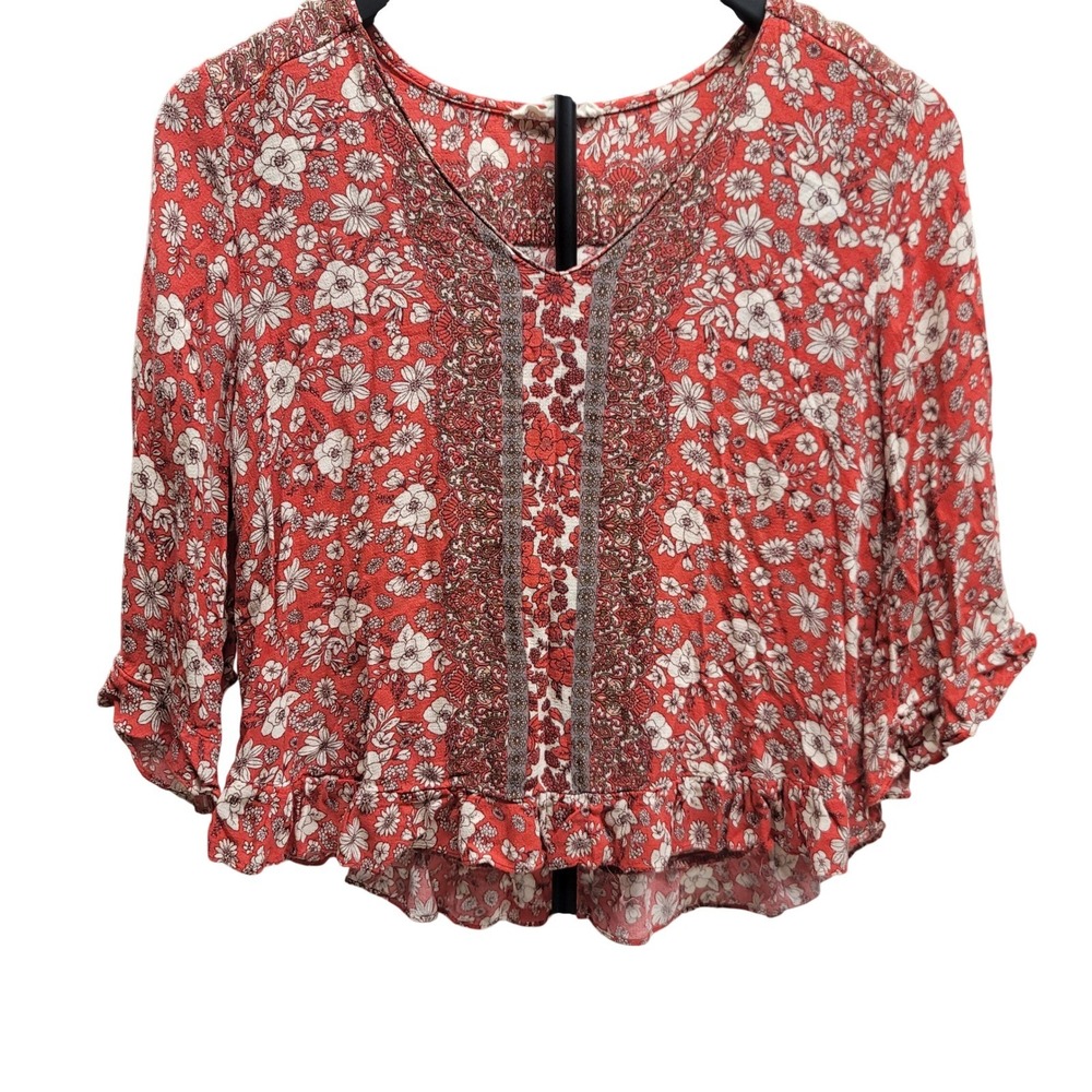Rose & Thyme Womens XL Rust Orange Floral Ruffle V-Neck 3/4 Sleeve Top Boho